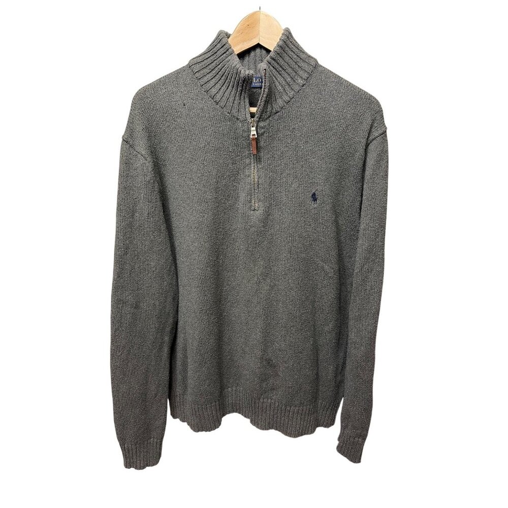 Polo‎ Ralph Lauren Mens Gray 1/4 Zip Cotton Knit Sweater XL Ribbed Collar Estate